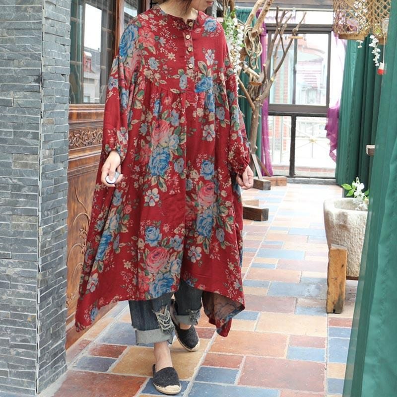 Robe Ample À Manches Longues En Coton Imprimé De Style Ethnique