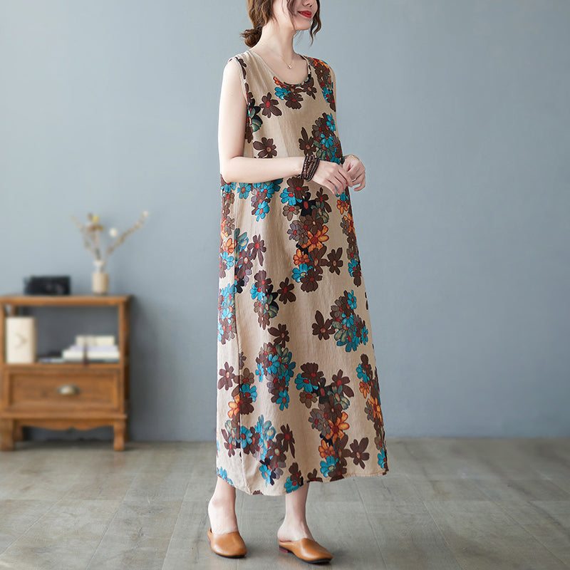 Robe Florale En Coton D'été Sans Manches Vintage