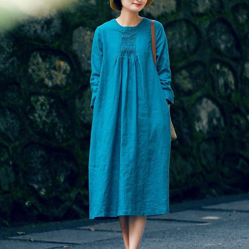 Robe En Lin Mi-longue À Manches Longues De Printemps