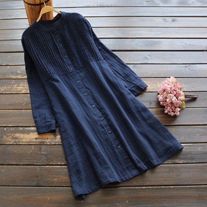 Robe Plissée Unie À Col Montant
