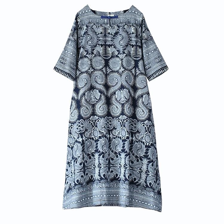 Robe Rétro Ethnique Ample En Coton Et Lin À Manches Mi-longues