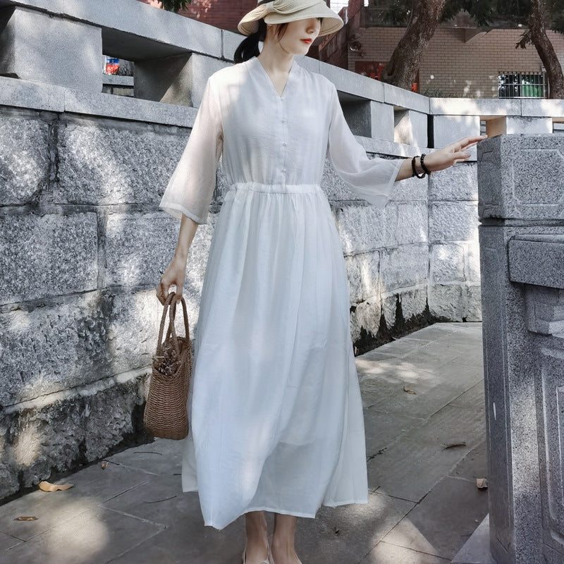 Robe Unie En Patchwork De Coton À Col En V Printemps-été