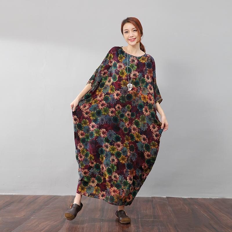 Vintage Femmes Coton Floral Lâche Demi Manches Coloré Robe