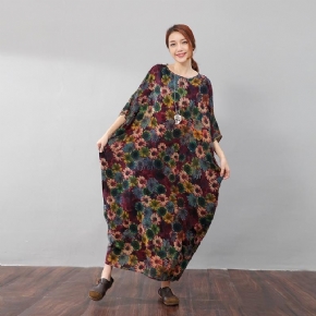 Vintage Femmes Coton Floral Lâche Demi Manches Coloré Robe