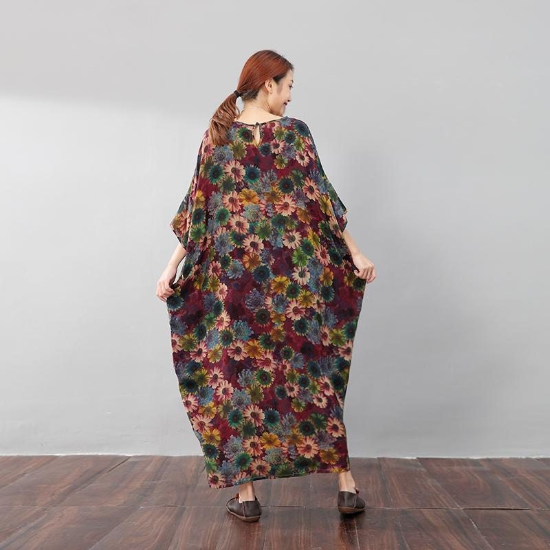 Vintage Femmes Coton Floral Lâche Demi Manches Coloré Robe