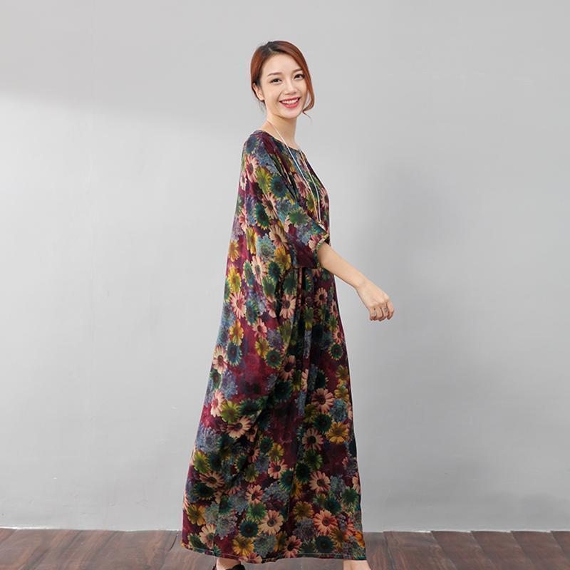 Vintage Femmes Coton Floral Lâche Demi Manches Coloré Robe