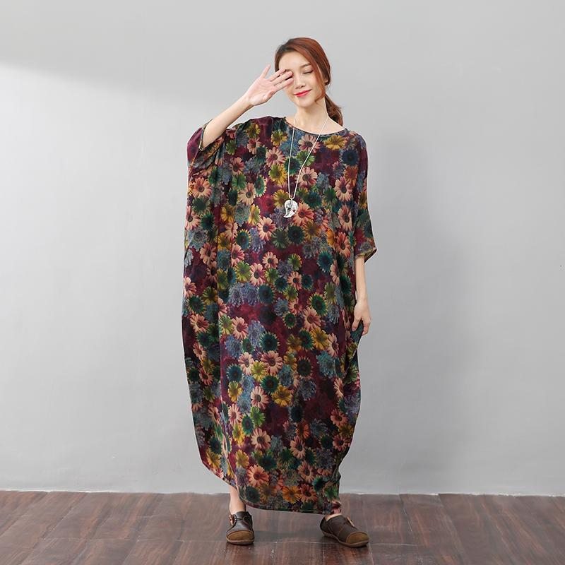 Vintage Femmes Coton Floral Lâche Demi Manches Coloré Robe