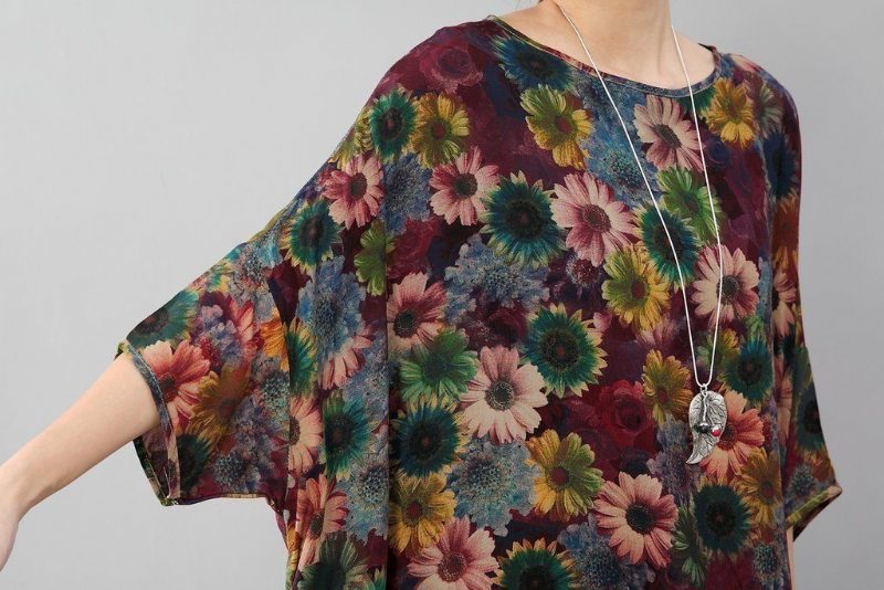 Vintage Femmes Coton Floral Lâche Demi Manches Coloré Robe