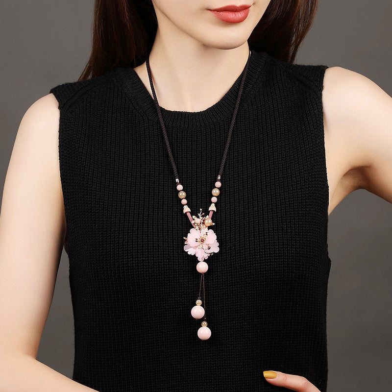 Collier Fait Main Fleur Rose Émaillée Colorée Ethnique Vintage