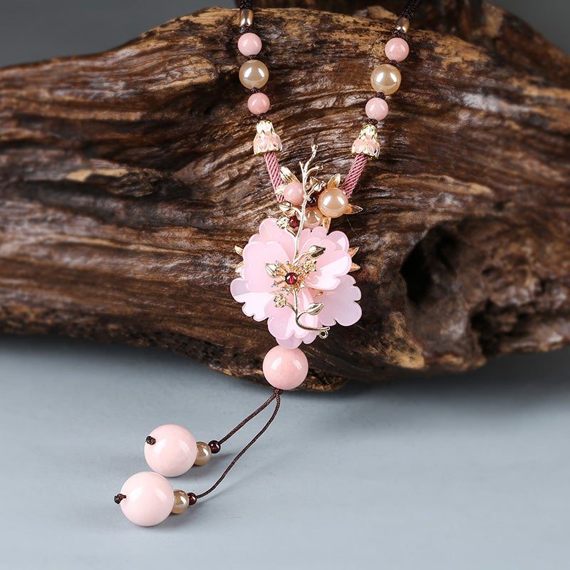 Collier Fait Main Fleur Rose Émaillée Colorée Ethnique Vintage