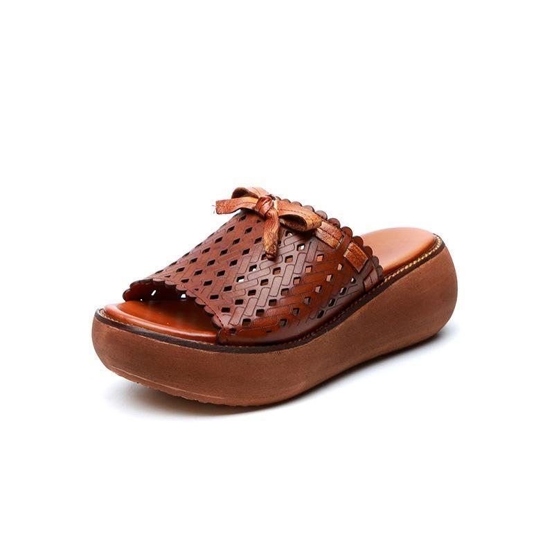 Cuir Vintage Évider Wedge Femmes Pantoufles Décontractées