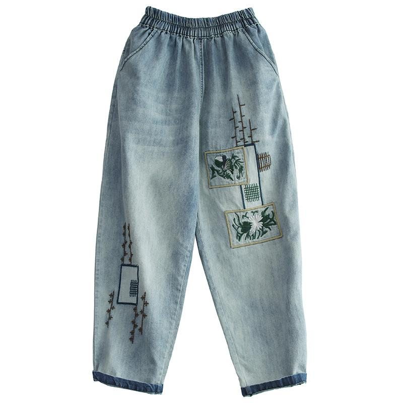 Pantalon En Denim Brodé Décontracté Pour Femmes