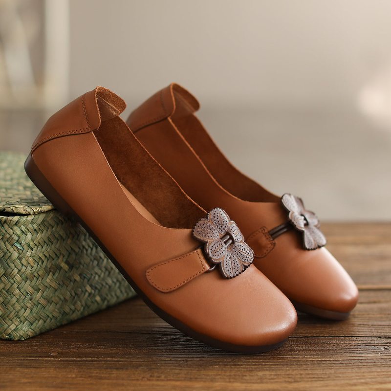 Chaussures Décontractées En Cuir D'été À Fleurs Rétro Pour Femmes