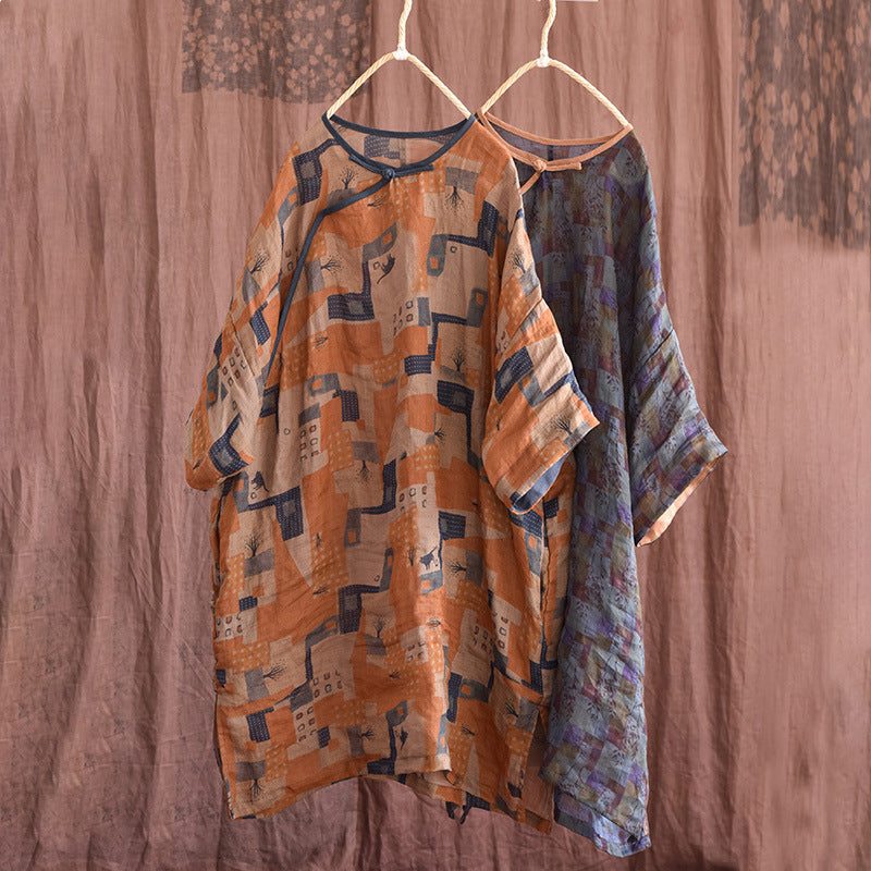 Chemisier Long En Lin Imprimé Rétro Pour Femme Printemps-été