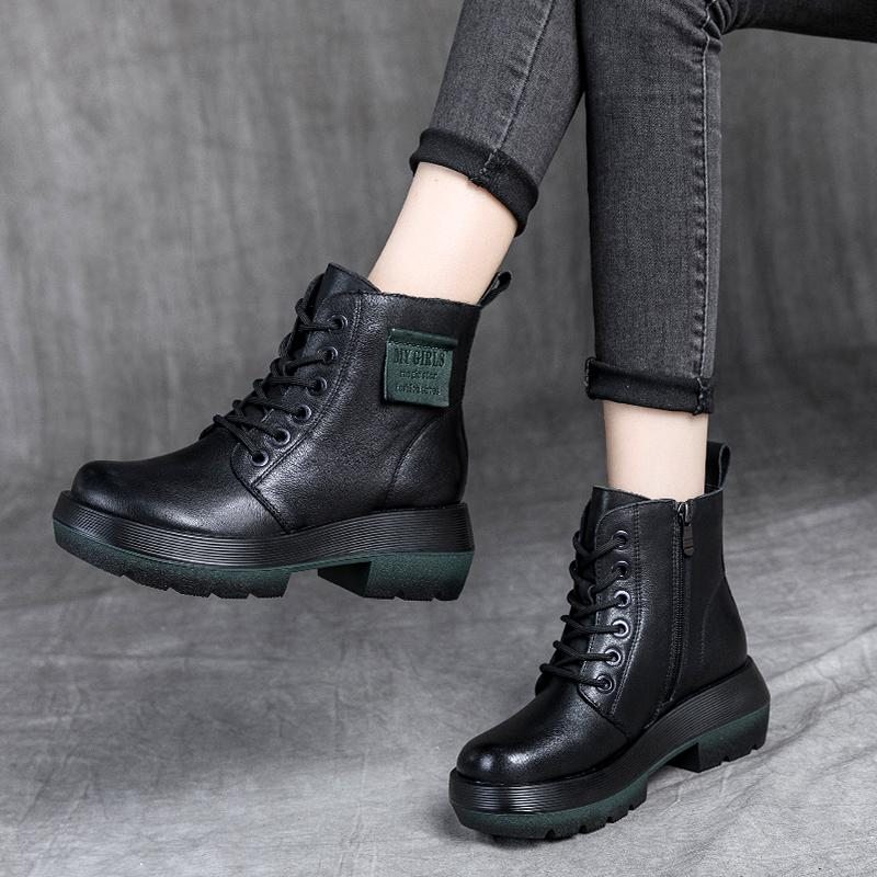 Automne Hiver Bottes À Tête Ronde En Cuir À Semelle Épaisse