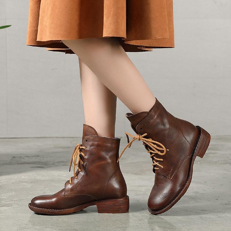 Bottes En Cuir Faites À La Main En Peluche Rétro Pour Femmes D'automne Et D'hiver