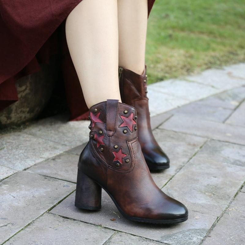 Bottes Longues En Cuir À Talons Épais Rétro En Cuir D'automne Et D'hiver
