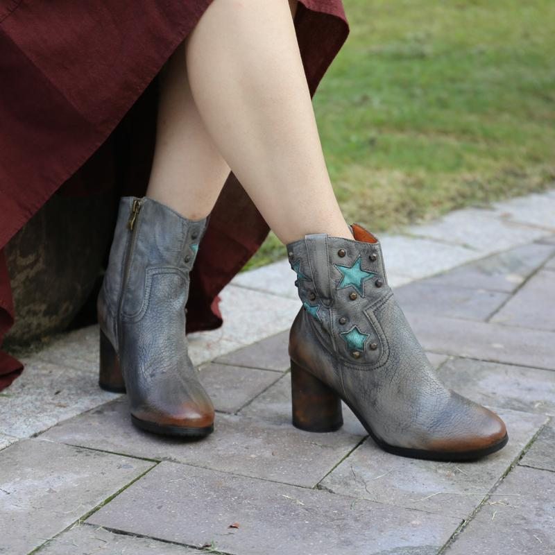 Bottes Longues En Cuir À Talons Épais Rétro En Cuir D'automne Et D'hiver