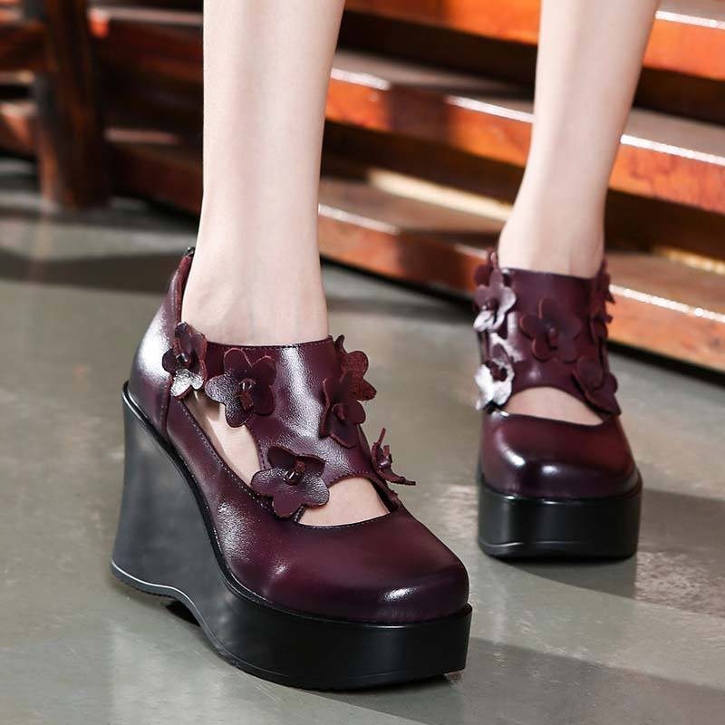 Sandales À Plateforme D'été En Cuir À Fleurs Rétro